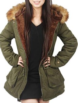 4HOW Women's Hooded Parka Puffer Jacket Thickened Fleece lined Winter Coats Long Down Trench Coat with Faux Fur Trimmed