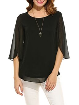 ACEVOG Womens Casual Scoop Neck Loose Top 3/4 Sleeve Chiffon Blouse Shirt Tops