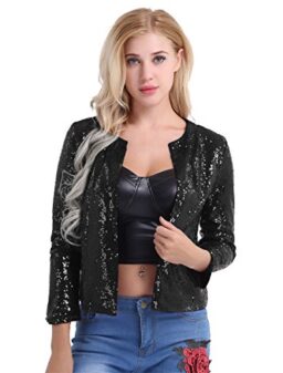 ACSUSS Womens Fashion Long Sleeve Crop Top Shiny Sequin Open Front Blazer Bolero Shrug Coat