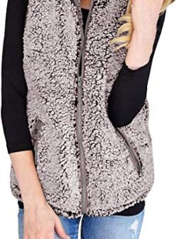 AIMICO Women's Slim Open Front Sleeveless Cardigan Fuzzy Zipper Sherpa Fleece Oversized Vest Pockets Coffee XS