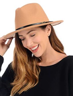 AQ Womens Felt Fedora Hat, Wide Brim Panama Hat Floppy Wool Winter Hat with Belt Buckle Camel