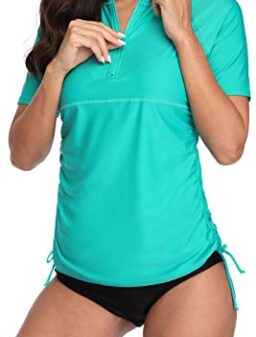 ATTRACO Women Short Sleeve Rash Guard Half-Zip Adjustable Drawstring UPF 50 Swim Shirt