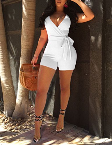 Akmipoem Women's Spaghetti Strap Romper Wrap Front V Neck Solid Shorts Jumpsuit with Belt - Image 4