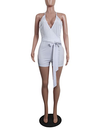 Akmipoem Women's Spaghetti Strap Romper Wrap Front V Neck Solid Shorts Jumpsuit with Belt - Image 5
