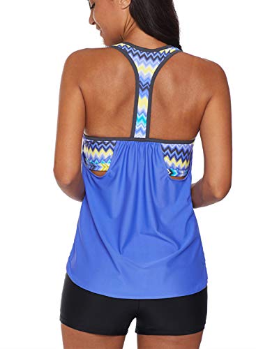 Aleumdr Womens Blouson Striped Printed Strappy T-Back Push up Tankini Top with Shorts - Image 3
