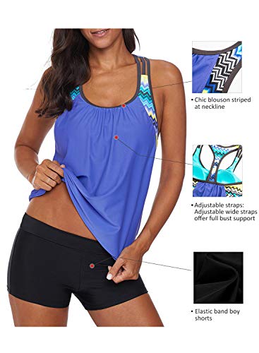 Aleumdr Womens Blouson Striped Printed Strappy T-Back Push up Tankini Top with Shorts - Image 6