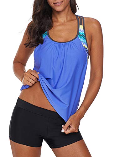Aleumdr Womens Blouson Striped Printed Strappy T-Back Push up Tankini Top with Shorts