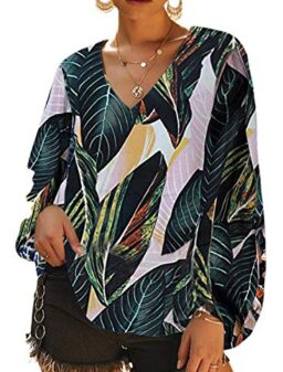 AlvaQ Women V Neck Chiffon Blouses Casaul Balloon Sleeve Floral Print Shirts Tops