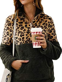Angashion Women Sweater Long Sleeve Half Zip Up Warm Fuzzy Leopard Print Patchwork Fleece Pullover Tops Sweatershirt