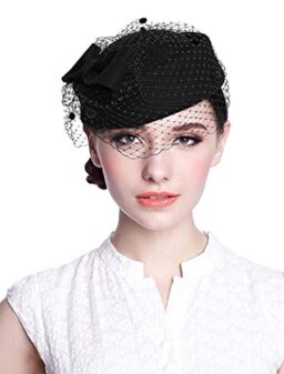 Aniwon Pillbox Hat, Wedding Hat Caps with Veil Vintage Bow Fascinator Hats Caps for Women A Black