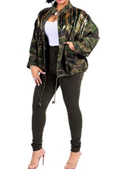 Antique Style Womens Street Fashion Sequins Camouflage Printed Coat Safari Jacket Windbreaker