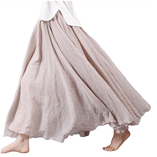 ASHER FASHION Women's Bohemian Style Elastic Waist Band Cotton Linen Long Maxi Skirt Dress Waist 23.0"-35.0"