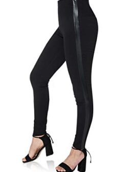 Asoran Women's Dress Pants Black Tuxedo Work Pants Stretch Skinny Slacks with Leather Stripe for Casual Business Office