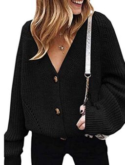 Asskdan Women's V Neckline Button Down Knitwear Lantern Sleeve Basic Knit Cardigan Sweater Tops