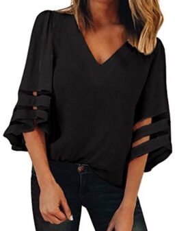 BLENCOT Womens 3/4 Bell Sleeve V Neck Lace Patchwork Blouse Casual Loose Shirt Tops