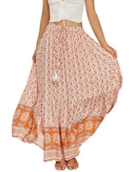 BerryGo Women's Boho Floral Ruffle Maxi Skirt High Waist Long Skirt with Slit