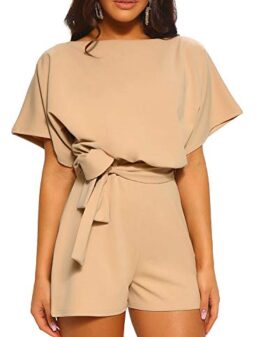 Canikat Womens Casual Solid Short Sleeve Tie Front Belted Jumpsuit Slash Boat Round Neck Short Pants Overall Romper…