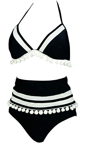 COCOSHIP Women's Mesh Striped High Waist Bikini Set Tassel Trim Top Halter Straps Swimsuit(FBA) - Image 3
