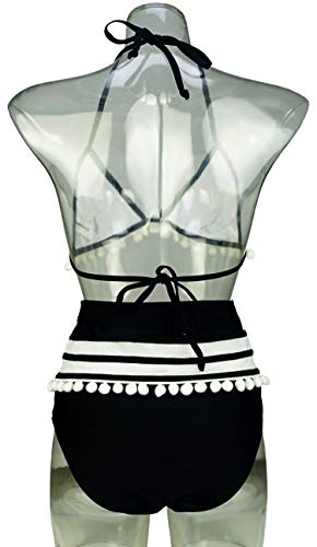 COCOSHIP Women's Mesh Striped High Waist Bikini Set Tassel Trim Top Halter Straps Swimsuit(FBA) - Image 4