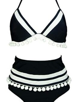 COCOSHIP Women's Mesh Striped High Waist Bikini Set Tassel Trim Top Halter Straps Swimsuit(FBA)