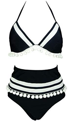 COCOSHIP Women's Mesh Striped High Waist Bikini Set Tassel Trim Top Halter Straps Swimsuit(FBA)
