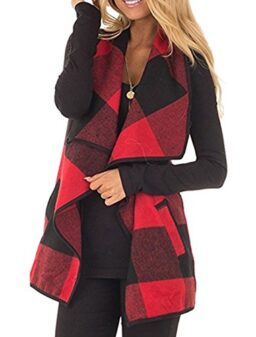 CXINS Womens Fashion Lapel Open Front Sleeveless Plaid Vest Cardigan Coat with Pocket