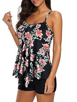 Century Star Swimsuits for Women Flounce Printed Bathing Suits Two Piece Tankini with Boyshorts Slimming Swimwear Black…