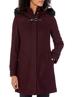 Cole Haan Women's Wool Duffle Coat with Faux Fur Trimmed Hood