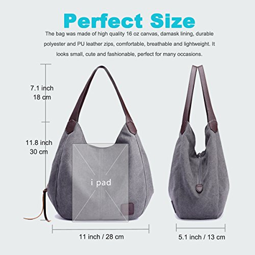 DOURR Women's Multi-pocket Shoulder Bag Fashion Cotton Canvas Handbag Tote Purse - Image 6