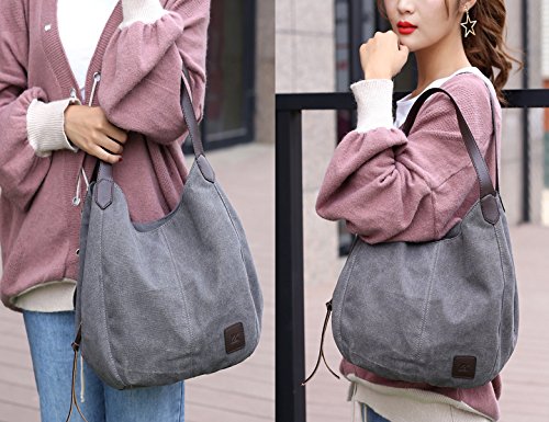 DOURR Women's Multi-pocket Shoulder Bag Fashion Cotton Canvas Handbag Tote Purse - Image 8