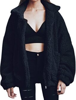 ECOWISH Women's Coat Fleece Jacket Sherpa Fuzzy Faux Shearling Lapel Zipper Casual Winter Warm Oversized Outwear