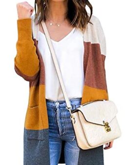 ECOWISH Womens Cardigan Color Block Striped Draped Kimono Cardigans Long Sleeve Open Front Casual Knit Sweaters Coat…