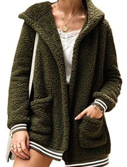 ECOWISH Women's Jacket Fleece Long Sleeve Open Front Hooded Jackets Cardigan Coat Top Winter Outwear with Pockets Army…