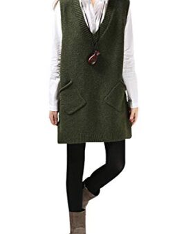 ELFJOY Women's Knitted Vest Solid Color Sleeveless Sweater Vest with Pockets ArmyGreen Medium