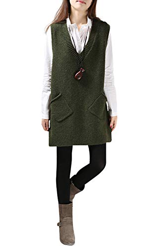 ELFJOY Women's Knitted Vest Solid Color Sleeveless Sweater Vest with Pockets ArmyGreen Medium