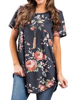 Ezcosplay Womens Round Neck Short Sleeve Floral Print Asymmetric Hem Shirt Tops