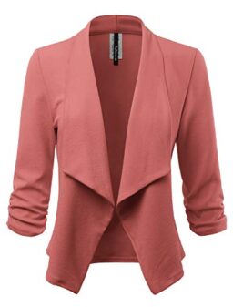 FASHIONOLIC Women's Stretch 3/4 Gathered Sleeve Open Blazer Jacket (Made in USA)