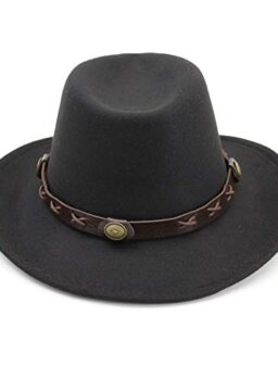 Fange Men&Women's Wide Brim Fedora Hat Classic Jazz Cap with Belt Buckle (Black)