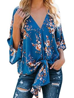 Farktop Womens Floral V Neck Tie Knot Front Blouses Bat Wing Short Sleeve Chiffon Tops Shirts