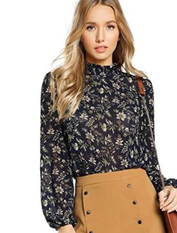 Floerns Women's Floral Print Long Sleeve High Neck Georgette Chiffon Blouse