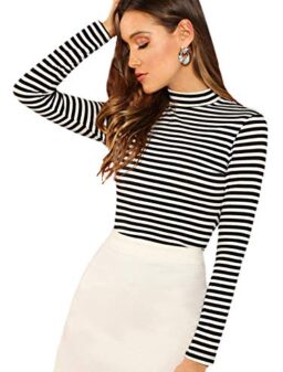 Floerns Women's Mock Turtleneck Long Sleeve Slim Fit Stretch Striped T-Shirts