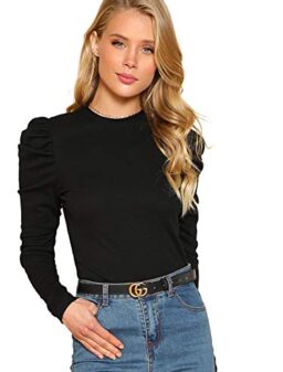 Floerns Women's Solid Puff Sleeve Crew Neck Casual T Shirt Top