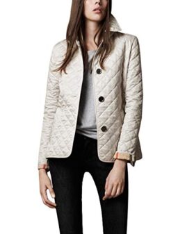 Flygo Women's Diamond Quilted Jacket Stand Collar Button Closure Coat with Pockets (Beige, X-Small)