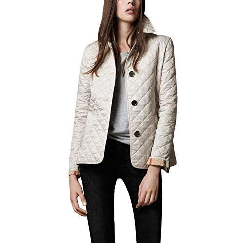 Flygo Women's Diamond Quilted Jacket Stand Collar Button Closure Coat with Pockets (Beige, X-Small)