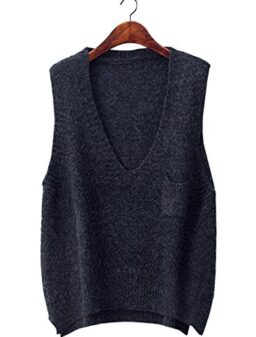futurino Women's Boxy Solid Color Low V Neck Marled Knitted Sweater Vest Tops