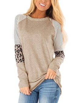 HARHAY 2022 Women's Leopard Print Color Block Tunic Round Neck Long Sleeve Shirts Striped Causal Blouses Tops