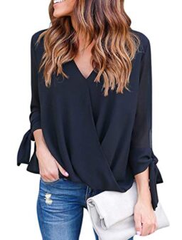 HOTAPEI Womens Casual Summer Tie Sleeve Wrap V Neck Chiffon Blouses Tops Shirts