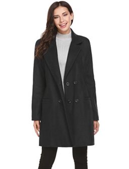 HOTOUCH Winter Wool Blended Pea Coats Women Casual Lapel Double Breasted Pea Jacket Pocket Peacoat Black S