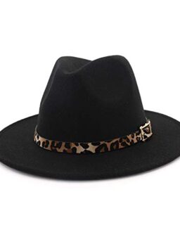 HUDANHUWEI Women's Wide Brim Felt Fedora Panama Hat with Leopard Belt Buckle