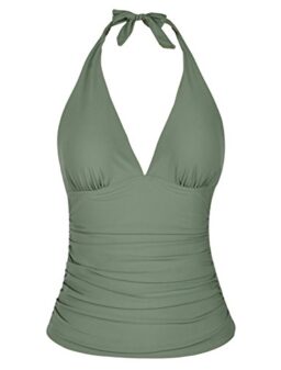 Hilor Women's Plunging V Neck Halter Swim Tops Shirred Tankini Top